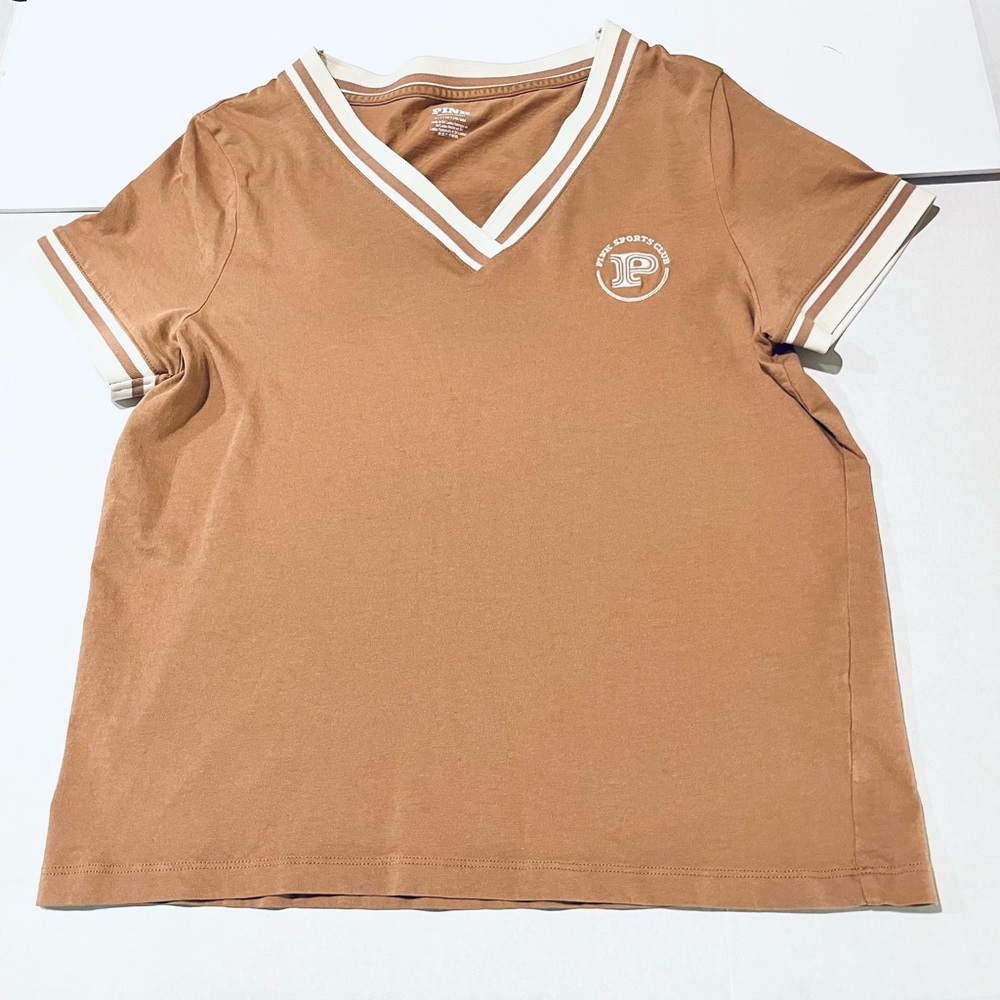 Pink Victoria Secret Short Sleeve Tee Camel/ Beige Color Classic V-Neck SIZE S/P